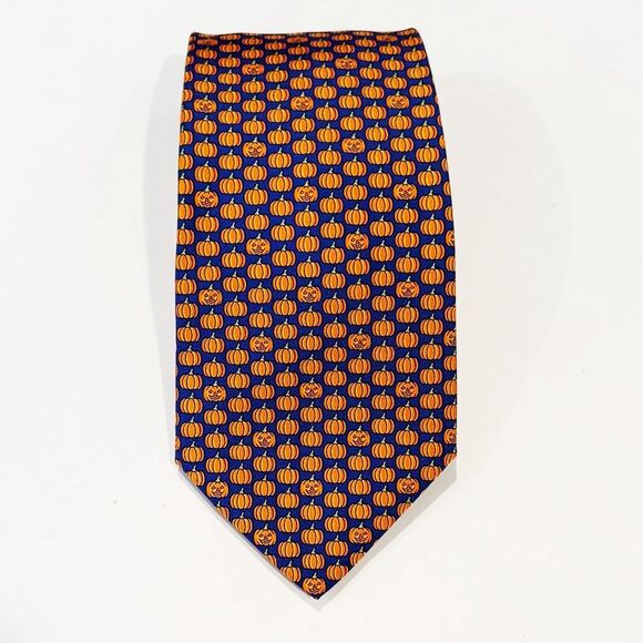 HERMES Necktie Tie Blue pumpkin pattern 100% Silk made in France - Picture 1 of 6